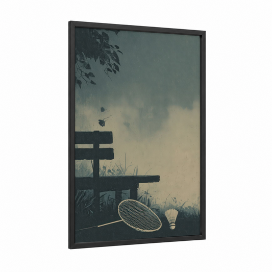 Rainy Badminton framed art print — black wood frame — gray and dove gray palette