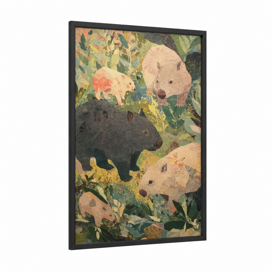 Forest Wombat Family framed art print — black wood frame — olive and beige palette