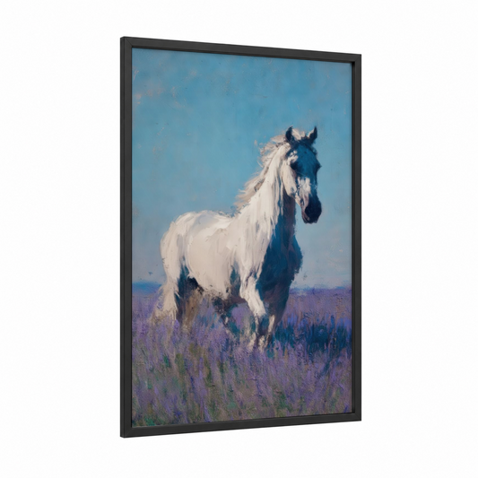 Lavender Andalusian framed andalusian horse print — black wood frame — blue and lavender palette