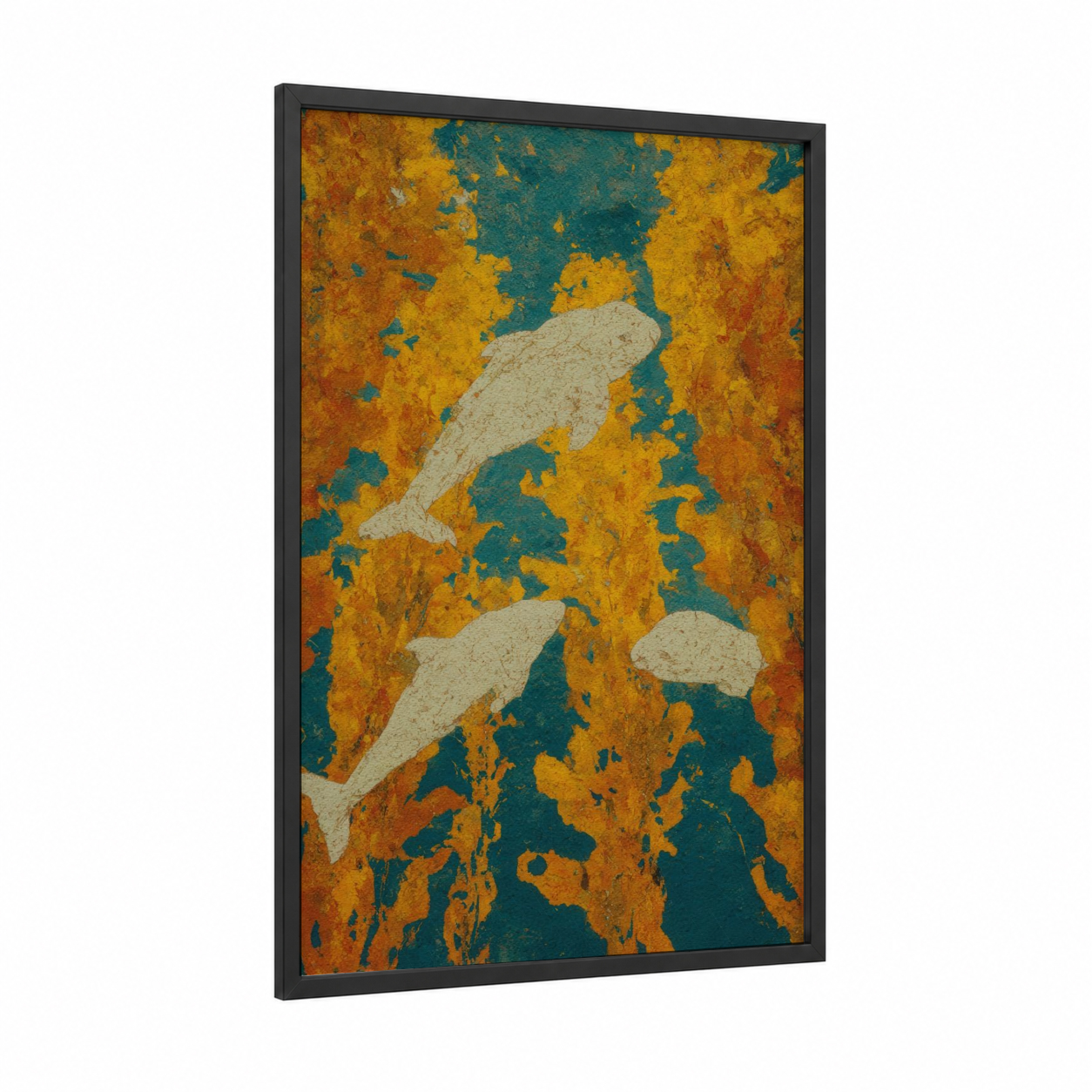 Ochre Beluga Trio framed beluga whale print — black wood frame — yellow gold and teal palette