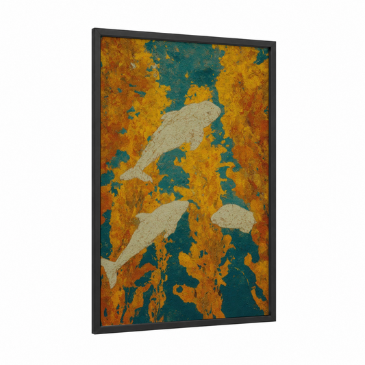 Ochre Beluga Trio framed beluga whale print — black wood frame — yellow gold and teal palette