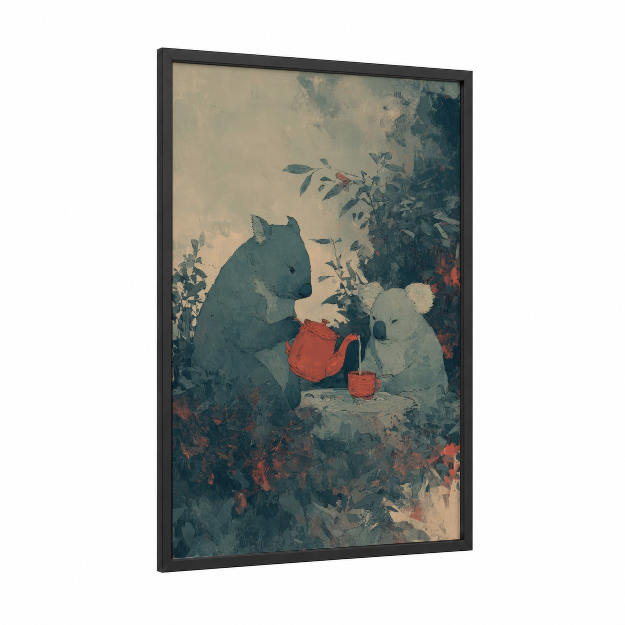 Garden Wombat Pair framed art print — black wood frame — sage green and cream palette