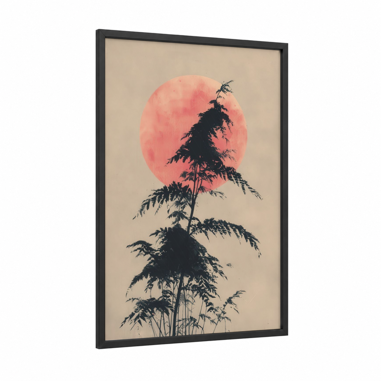 Crimson Moon Redwood framed redwood tree print — black wood frame — salmon pink and beige palette