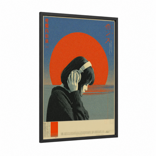 Sunset Listener framed japanese y2k print — black wood frame — blue and red palette
