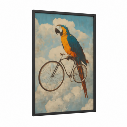 Cycling Macaw framed art print — black wood frame — blue and gold palette