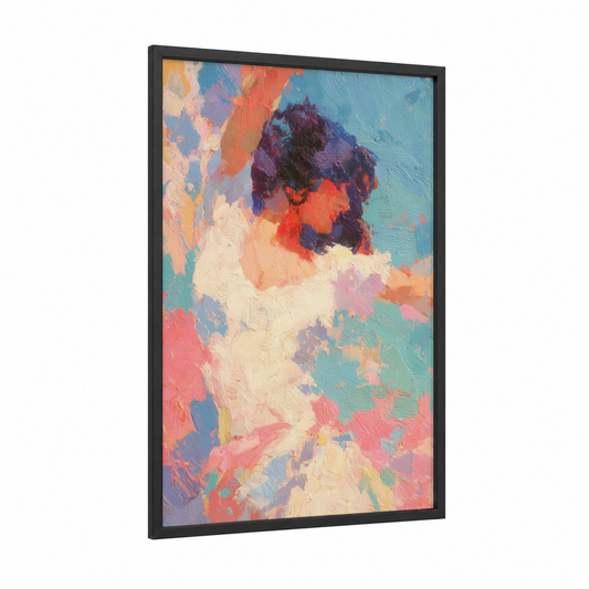 Ethereal Dancer framed belly dance print — black wood frame — orange and teal palette