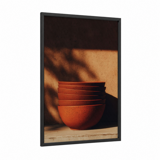 Rustic Clay Bowls framed kitchen utensils print — black wood frame — russet and orange palette