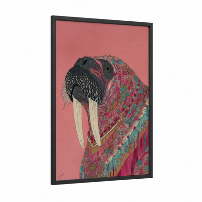 Ornate Walrus framed art print — black wood frame — magenta and teal palette