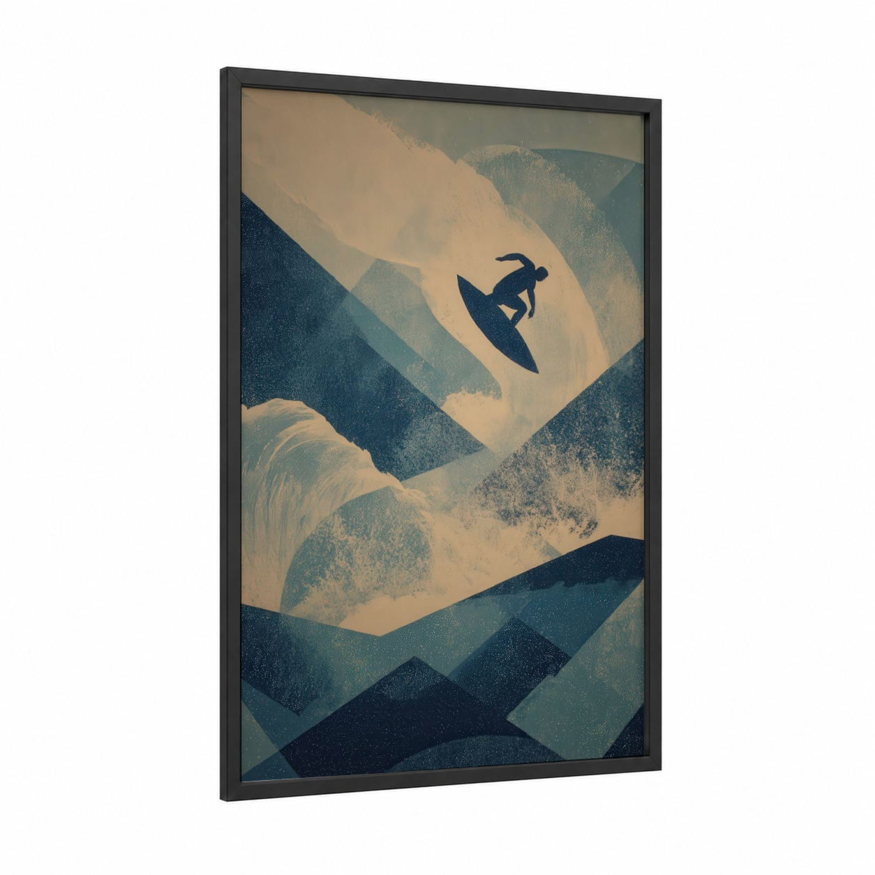Golden Wave Surfer framed water surfing print — black wood frame — sage green and teal palette