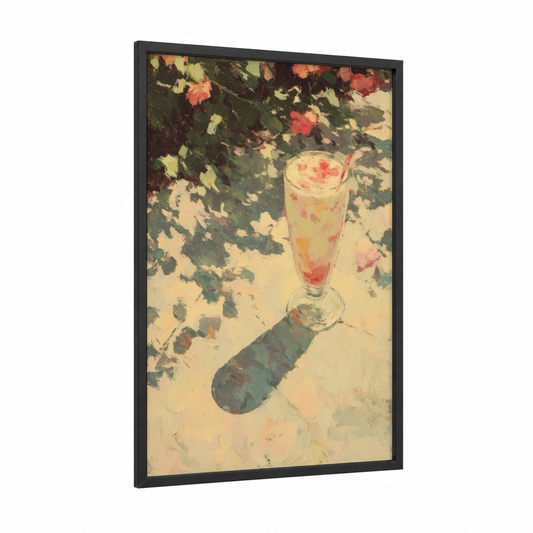 Garden Milkshake framed art print — black wood frame — peach and sage green palette