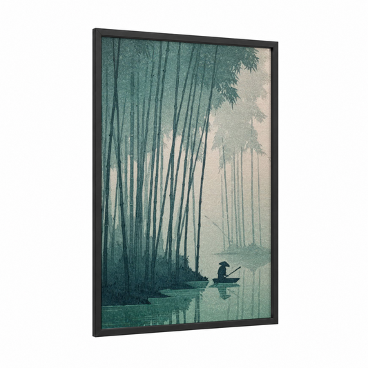 Misty Bamboo Fishing framed art print — black wood frame — teal and cream palette