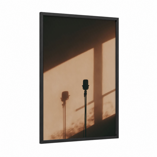 Studio Spotlight Microphone framed art print — black wood frame — peach and black and white palette