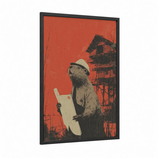 Builder Beaver framed art print — black wood frame — red and black and white palette