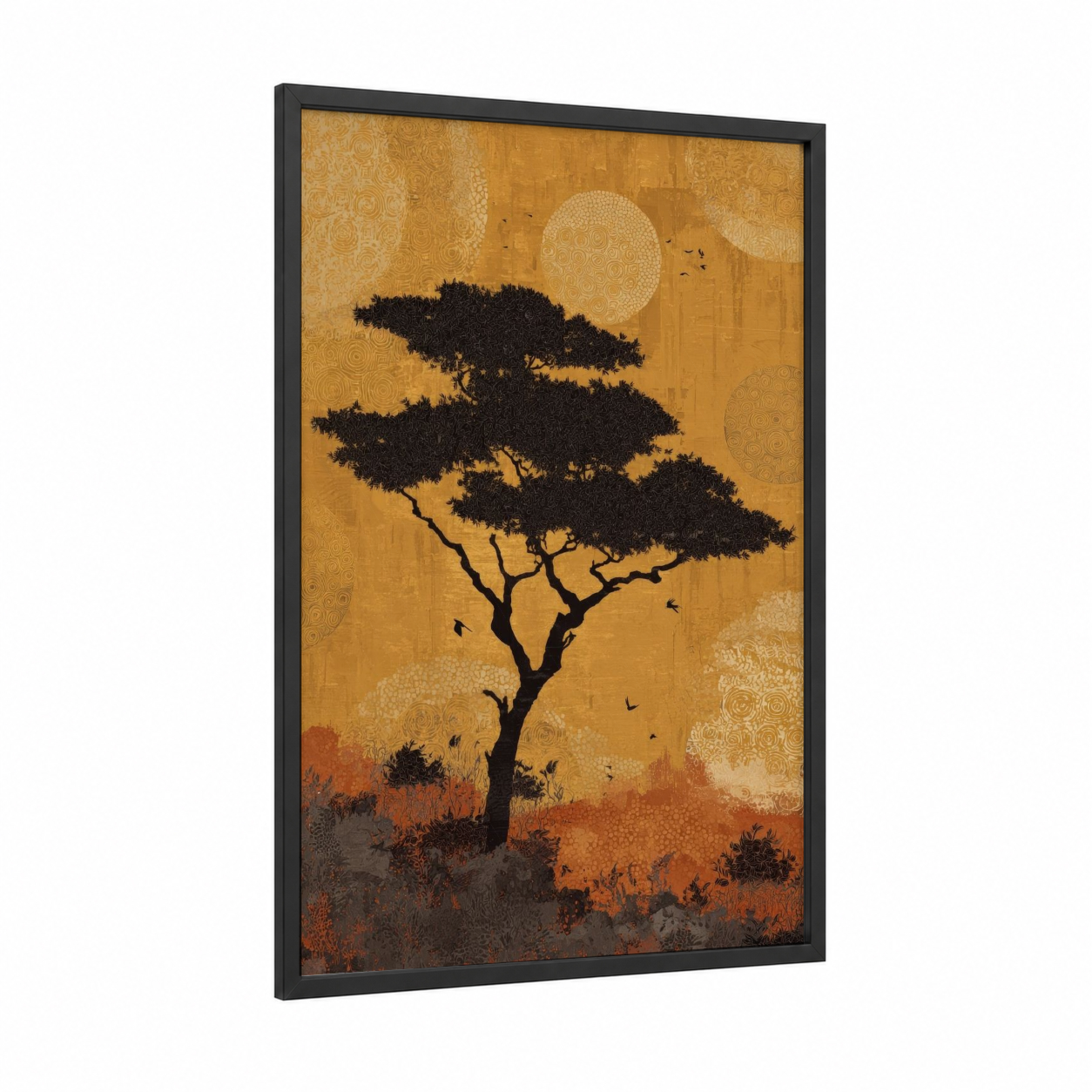 Golden Savanna Tree framed savanna and desert trees print — black wood frame — gold and brown palette