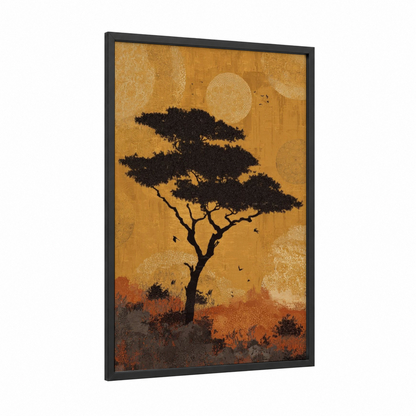 Golden Savanna Tree framed savanna and desert trees print — black wood frame — gold and brown palette