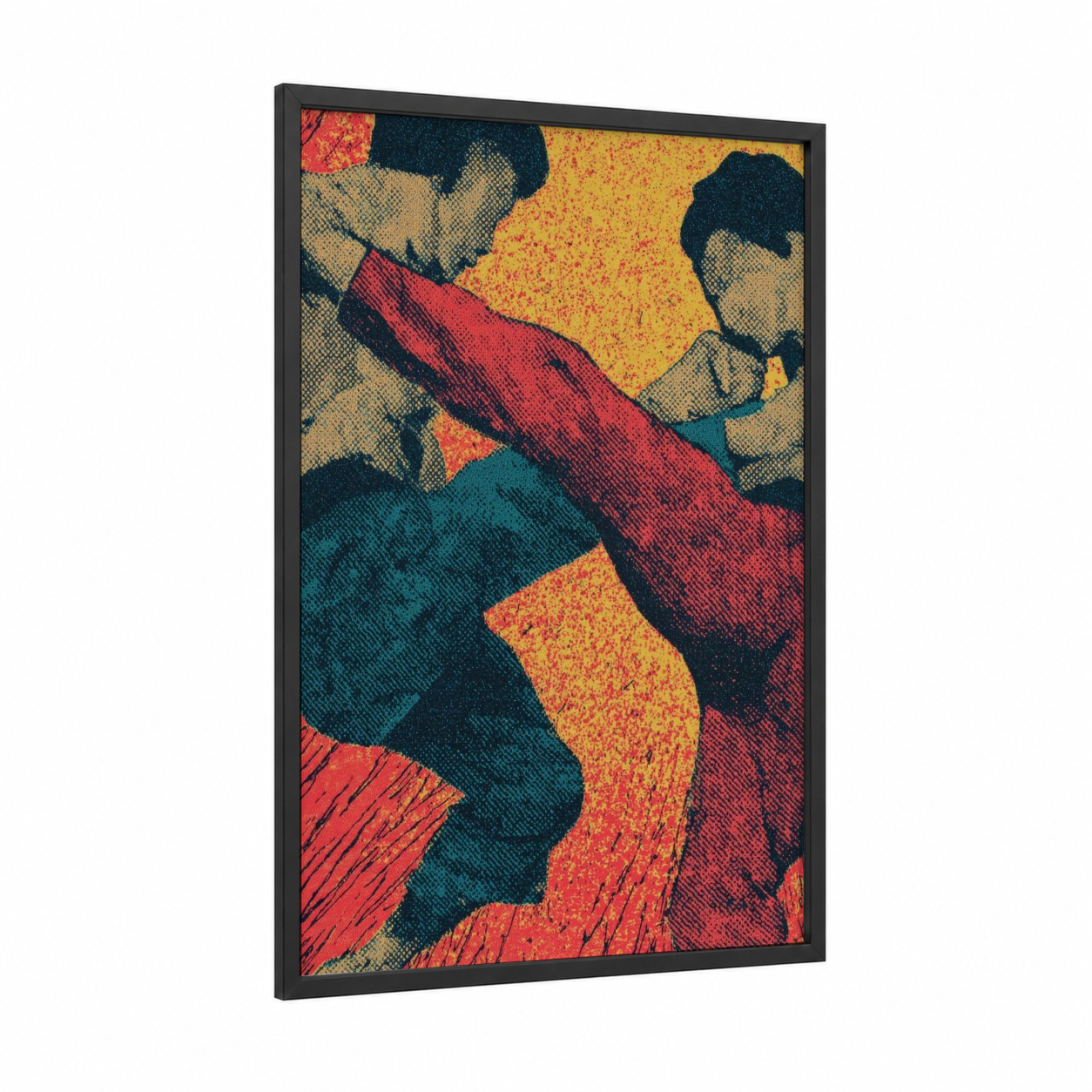Dynamic Kick Boxers framed kick boxing print — black wood frame — yellow gold and red palette