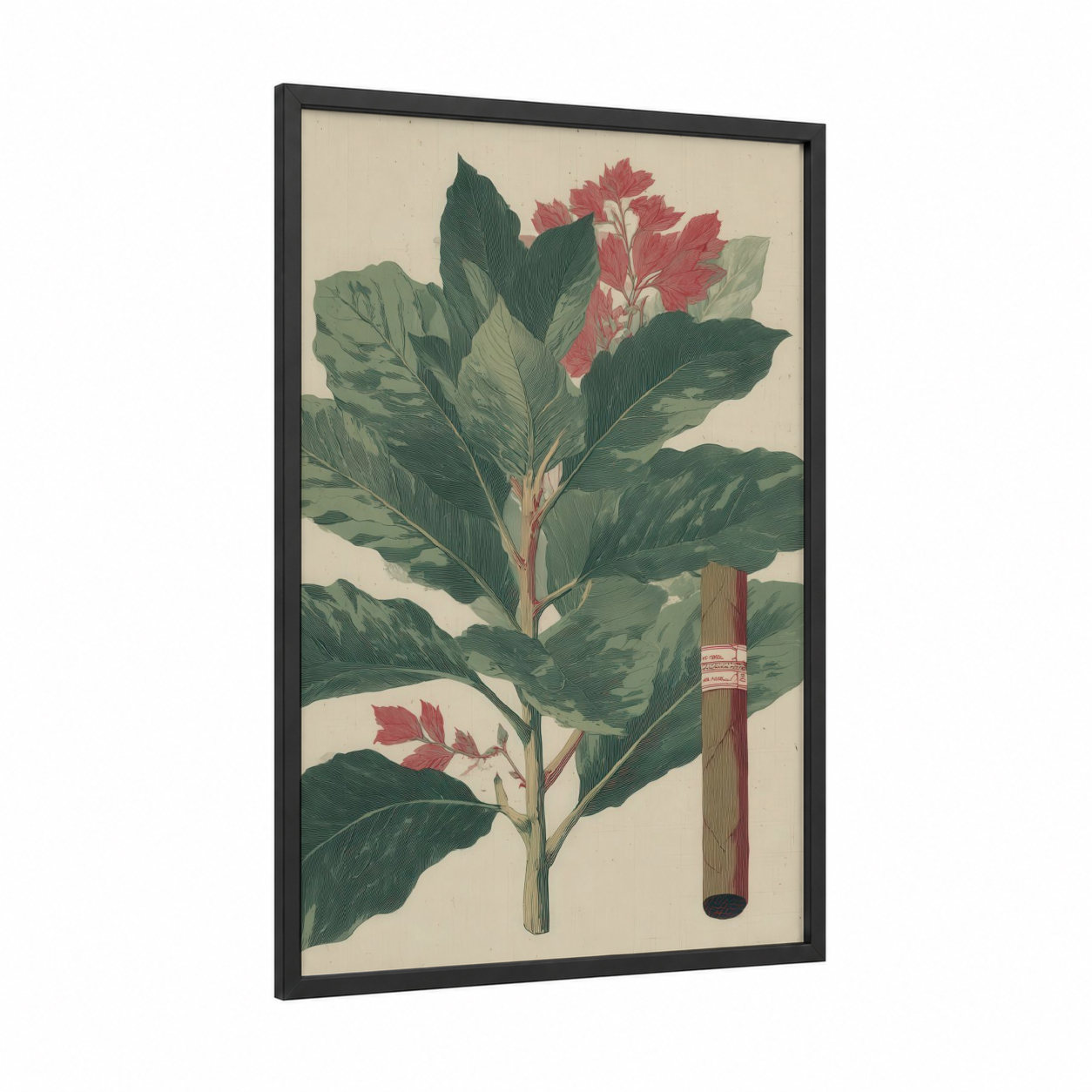 Botanical Cigars framed art print — black wood frame — sage green and cream palette