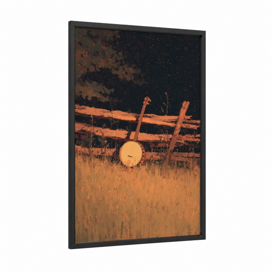 Midnight Banjo framed art print — black wood frame — gold and black and gold palette