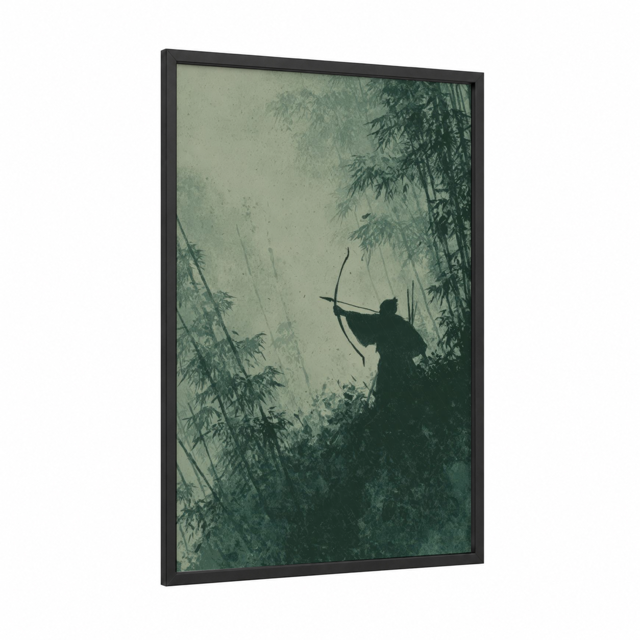 Misty Archer framed hunting print — black wood frame — gray and white and sage green palette
