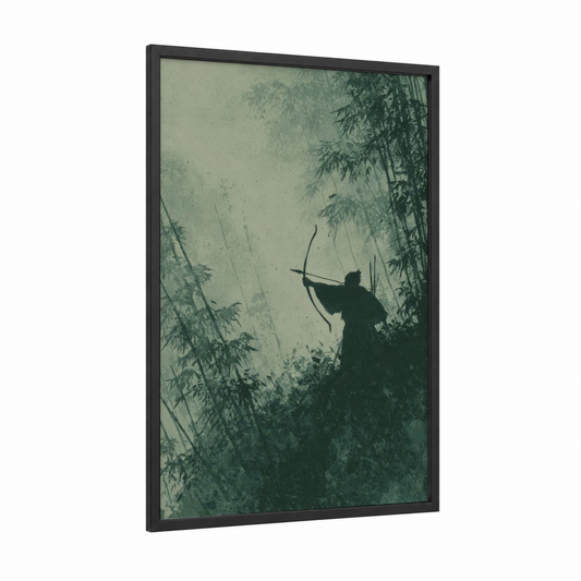 Misty Archer framed hunting print — black wood frame — gray and white and sage green palette