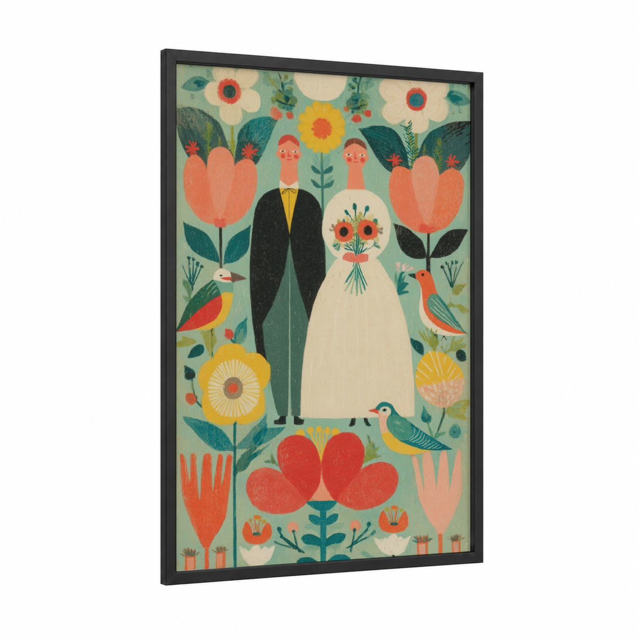 Garden Wedding Couple framed groom and bride print — black wood frame — sage green and red palette
