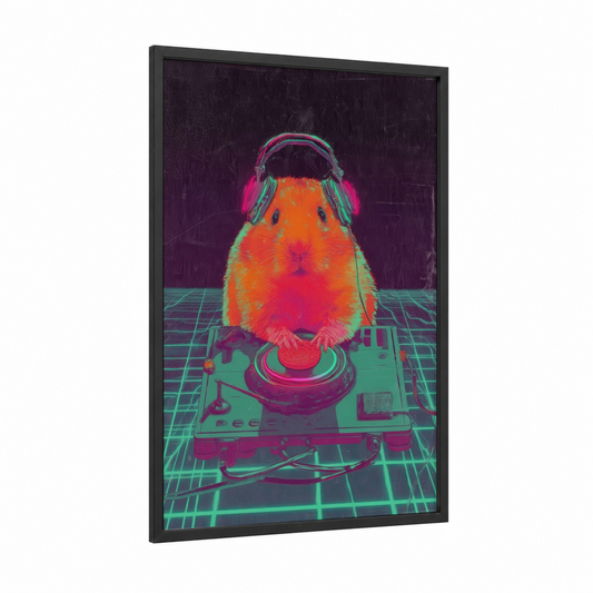 DJ Hamster framed art print — black wood frame — magenta and teal palette