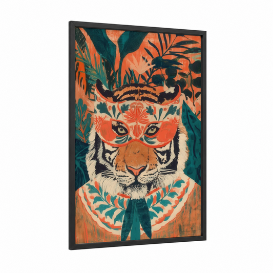 Masked Tiger Portrait framed art print — black wood frame — orange and teal palette