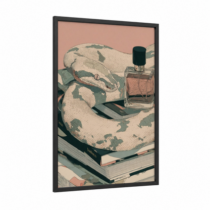 Literary Boa framed boa constrictor print — black wood frame — sage green and peach palette