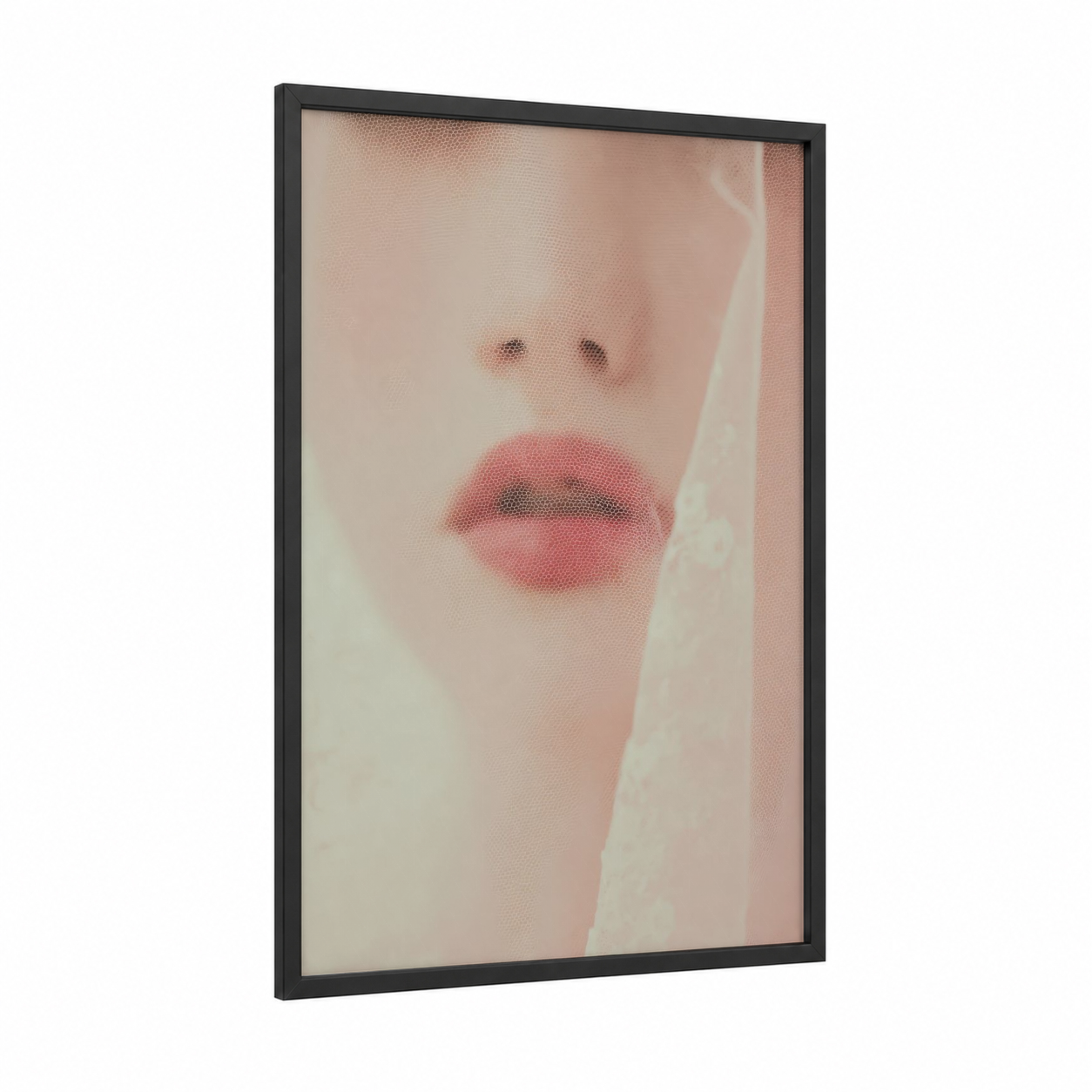 Rosy Lips Portrait framed art print — black wood frame — peach and rose gold palette