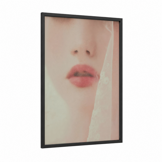 Rosy Lips Portrait framed art print — black wood frame — peach and rose gold palette