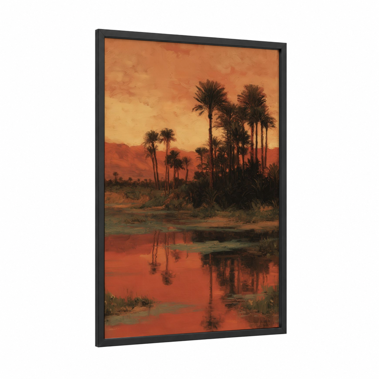 Crimson Dune Oasis framed art print — black wood frame — orange and gold palette