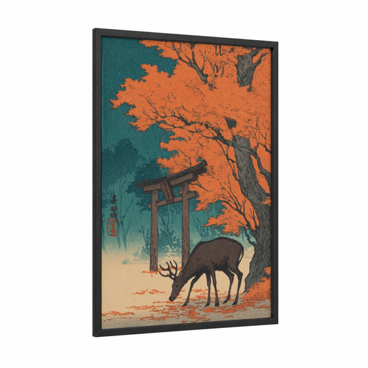 Autumn Elk framed art print — black wood frame — orange and teal palette
