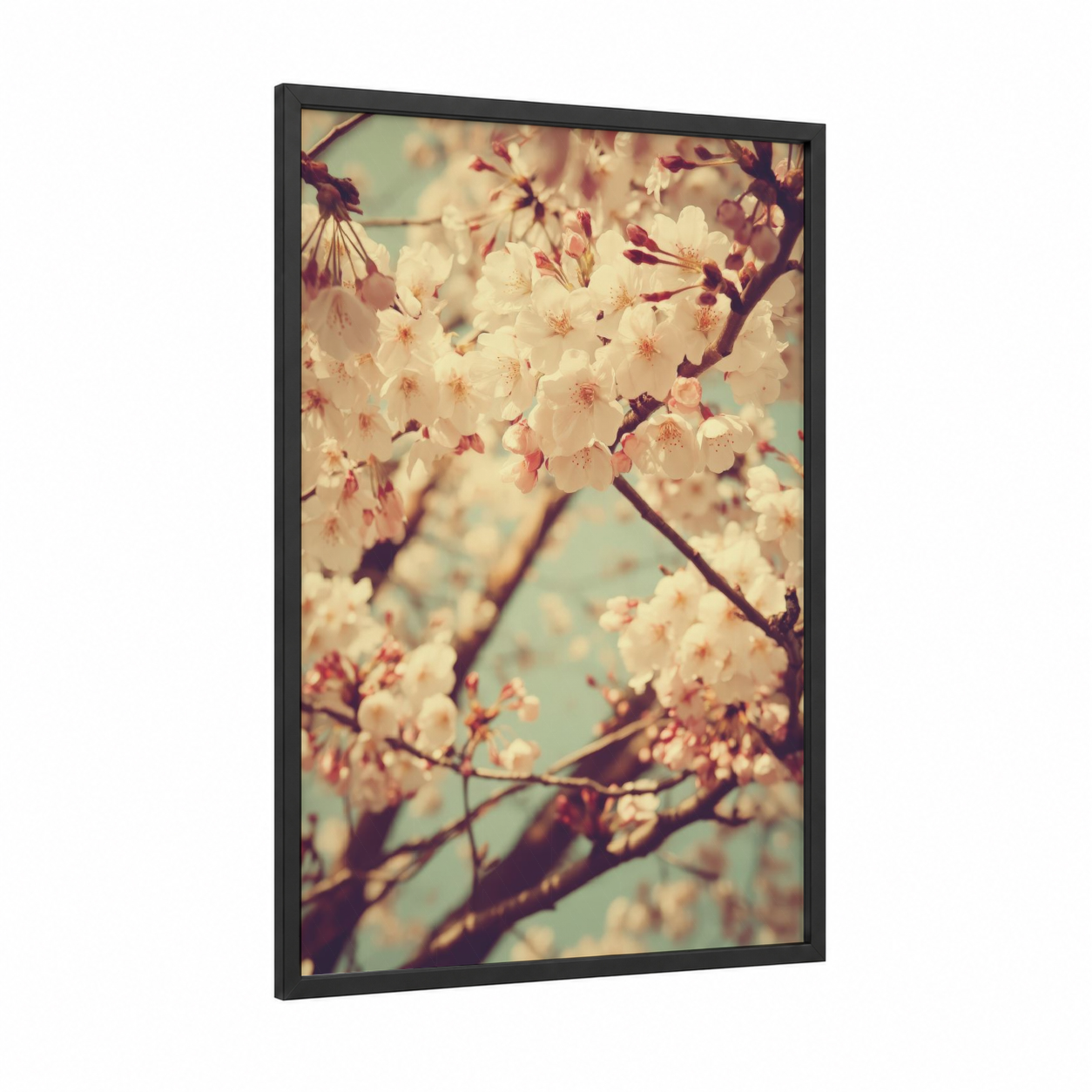 Vintage Blossom framed cherry blossoms print — black wood frame — cream and aquamarine palette