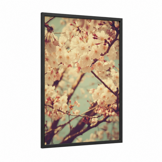 Vintage Blossom framed cherry blossoms print — black wood frame — cream and aquamarine palette
