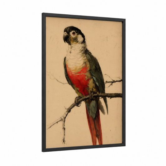 Red-Crowned Parrot framed safari parrots print — black wood frame — red and cream palette