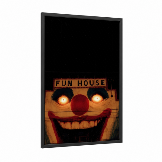 Creepy Carnival Clown framed art print — black wood frame — black and red and gold palette