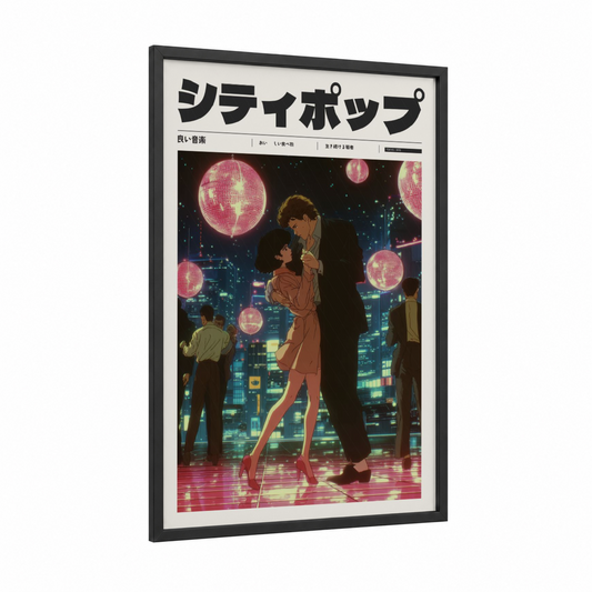 Neon Disco Romance framed anime and manga print — black wood frame — magenta and gold palette