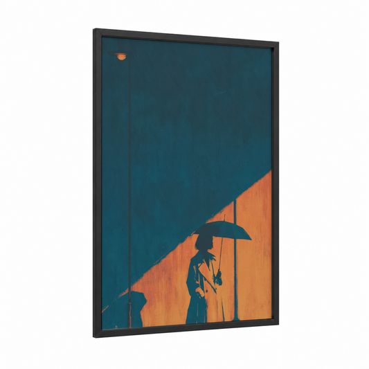 Rainy Day Silhouette framed fashion illustration print — black wood frame — dark blue and orange palette