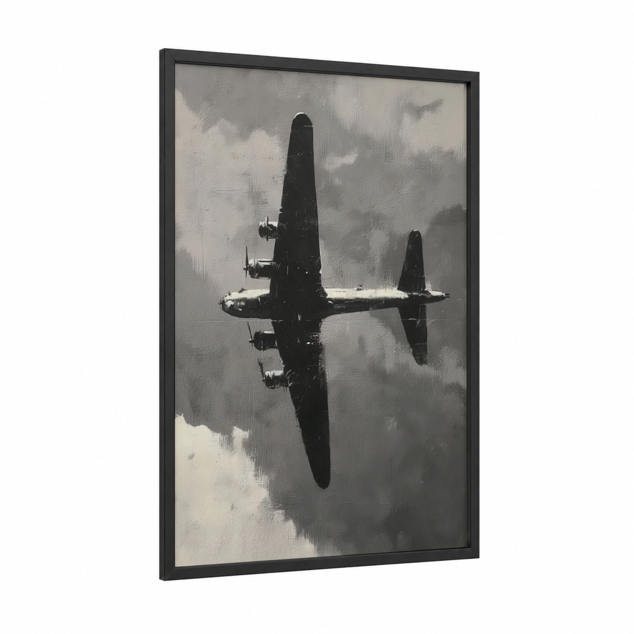 Snowy Bomber framed vintage airplane print — black wood frame — black and white and gray palette