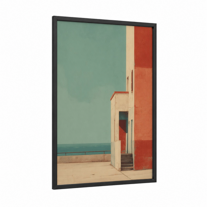 Coastal Minimalism framed beach town print — black wood frame — teal and salmon pink palette