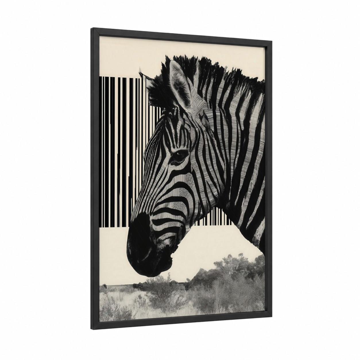 Striped Zebra Portrait framed art print — black wood frame — black and white palette