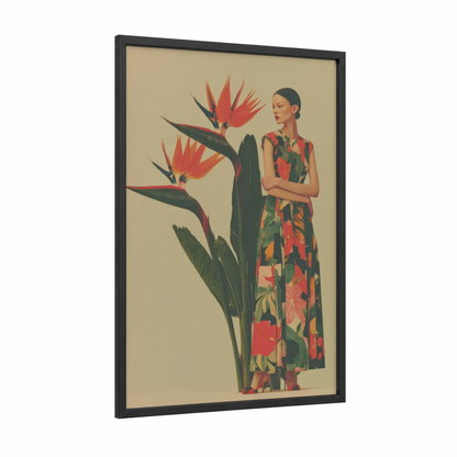 Tropical Fashion Portrait framed fashion photography print — black wood frame — red and dark green palette