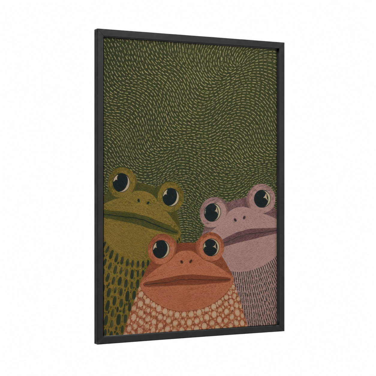 Whimsical Frog Trio Wall Art framed frogs and toads print — black wood frame — olive and sage green palette