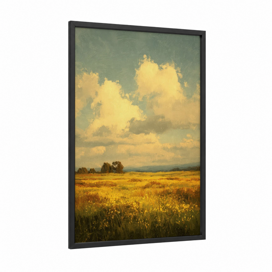 Golden Meadow Dreams framed flower field print — black wood frame — gold and sage green palette