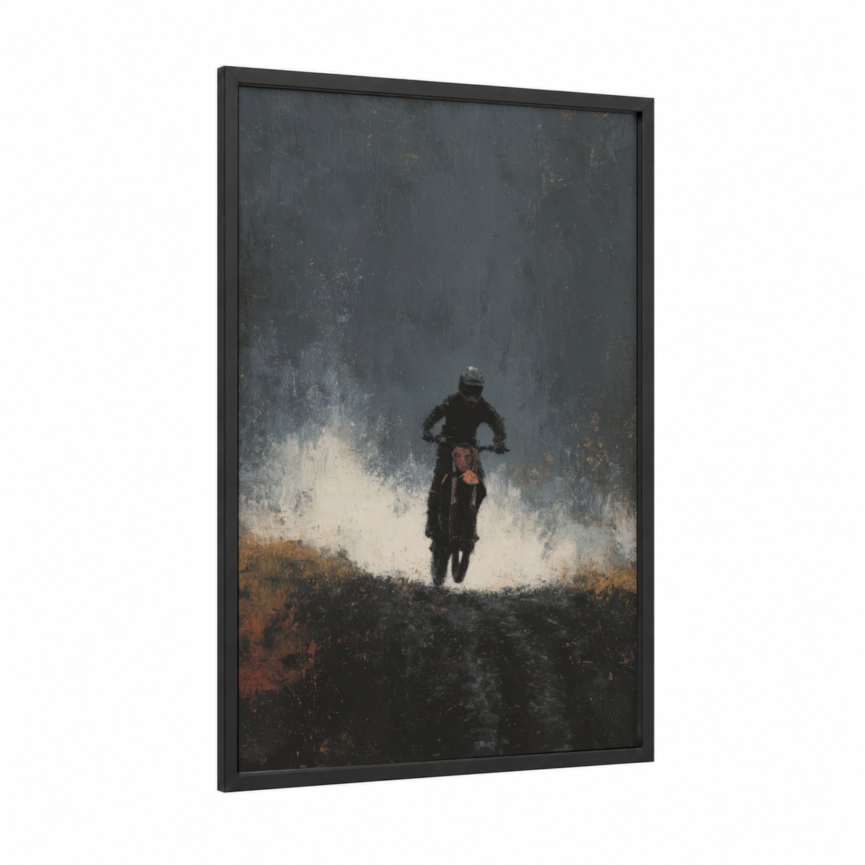Desert Dust Rider framed motocross print — black wood frame — gray and russet palette