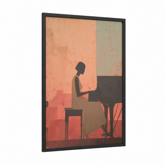 Silhouette Pianist framed piano print — black wood frame — peach and black palette