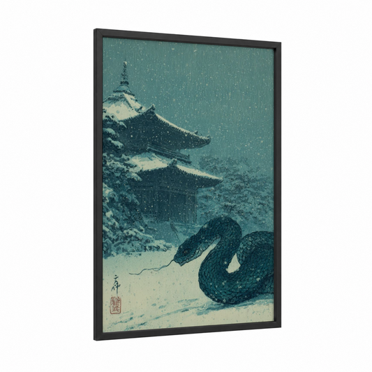 Snowy Basilisk framed art print — black wood frame — teal and white palette
