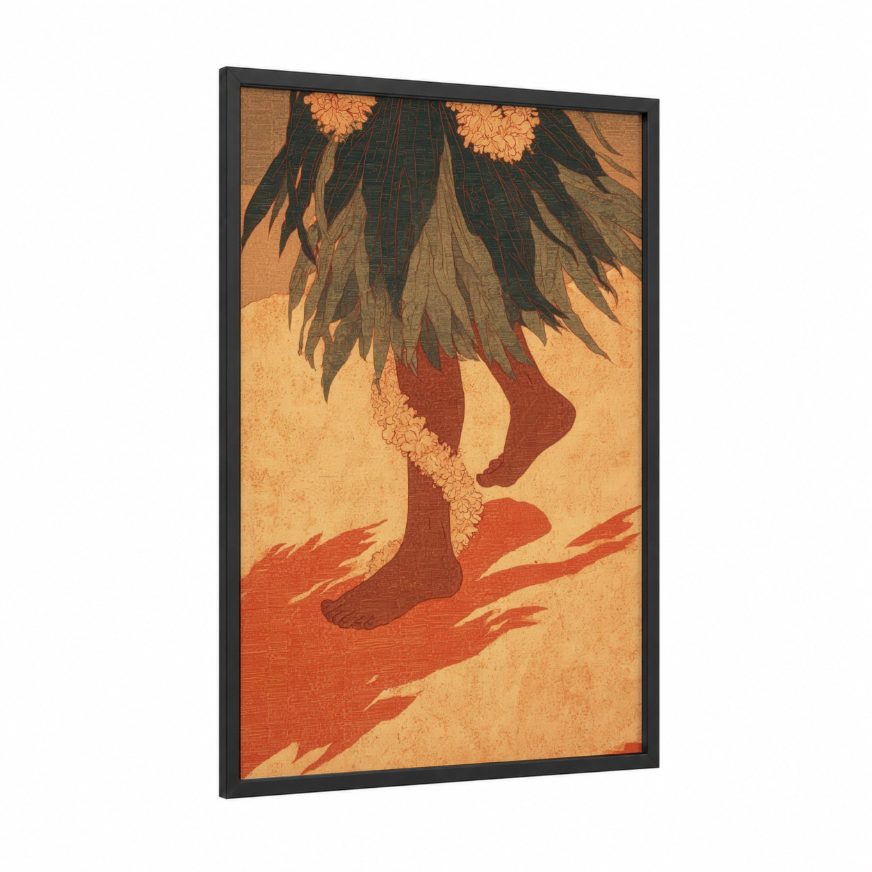 Tropical Hula Dancer framed art print — black wood frame — gold and russet palette