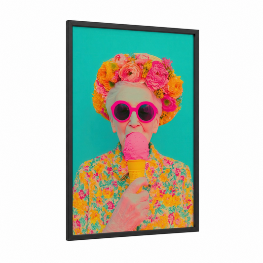 Floral Pop Portrait framed fashion photography print — black wood frame — magenta and orange palette
