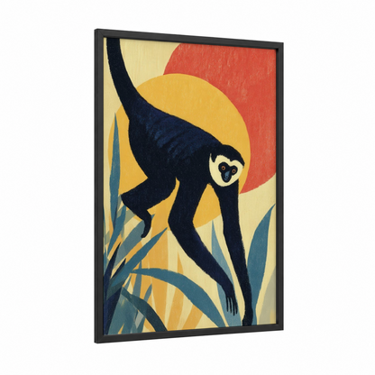 Geometric Monkey framed art print — black wood frame — gold and black and white palette